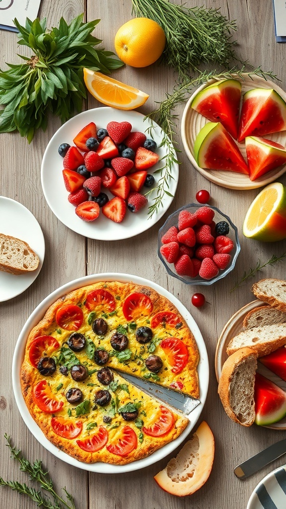 A brunch table with vegetable frittata, fresh fruits, and crusty bread.